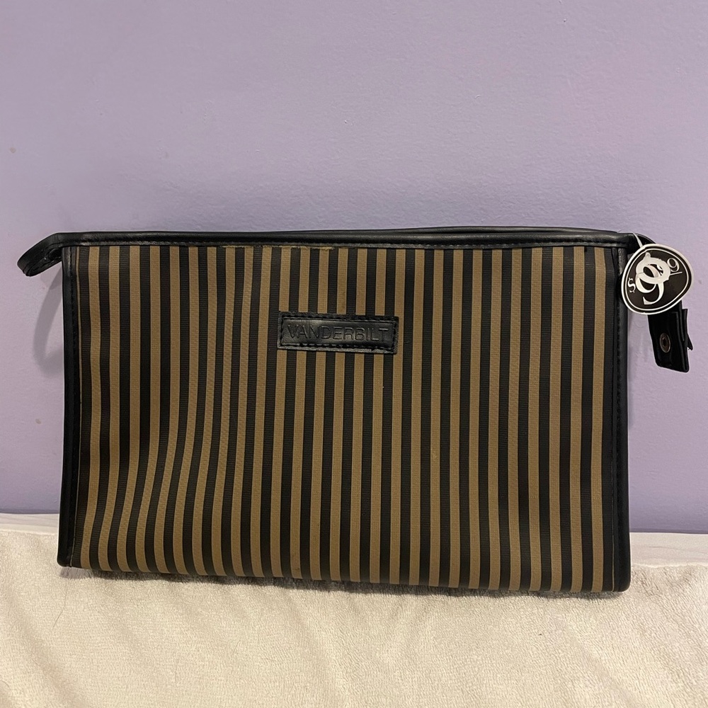 NWT Vanderbilt Black and Brown Striped Makeup Cosmetic Bag